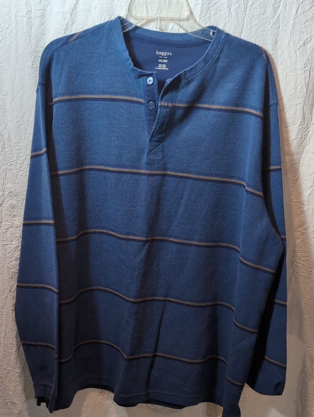 Big And Tall XXL Haggar Navy Blue Striped Henley Long Sleeve Shirt